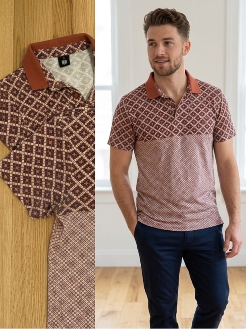 Insight Men's Polo Shirt - Brown and Red Pattern